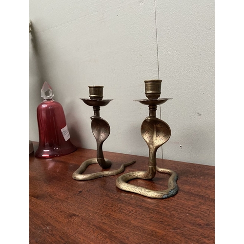 233 - A PAIR OF VINTAGE BRASS ENAMELLED COBRA SNAKE CANDLESTICKS, candlesticks in the form of cobras, high... 