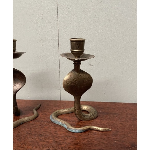 233 - A PAIR OF VINTAGE BRASS ENAMELLED COBRA SNAKE CANDLESTICKS, candlesticks in the form of cobras, high... 