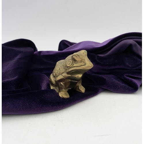 235 - A CAST BRASS FIGURE OF A FROG, seated frog, with nice details. Dimensions: 5cm high approx.