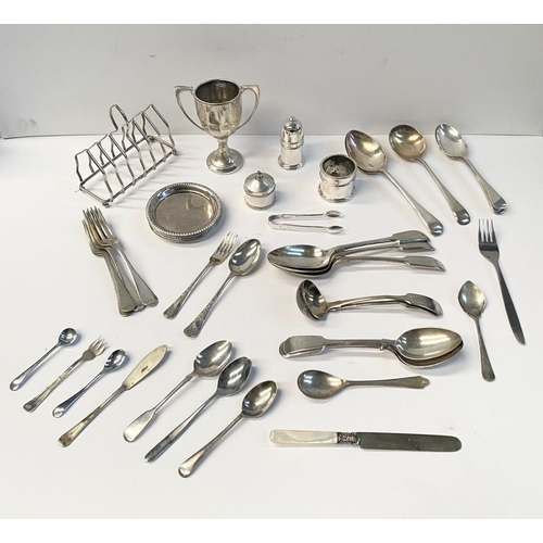 245 - A LARGE COLLECTION OF SILVER PLATE, by a variety of Makers, to include etched knife with mother of p... 