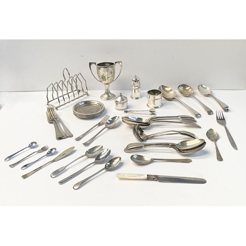 245 - A LARGE COLLECTION OF SILVER PLATE, by a variety of Makers, to include etched knife with mother of p... 