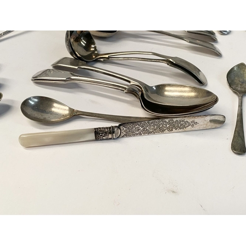 245 - A LARGE COLLECTION OF SILVER PLATE, by a variety of Makers, to include etched knife with mother of p... 