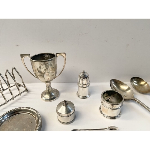 245 - A LARGE COLLECTION OF SILVER PLATE, by a variety of Makers, to include etched knife with mother of p... 