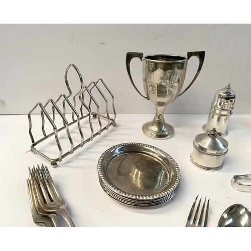 245 - A LARGE COLLECTION OF SILVER PLATE, by a variety of Makers, to include etched knife with mother of p... 