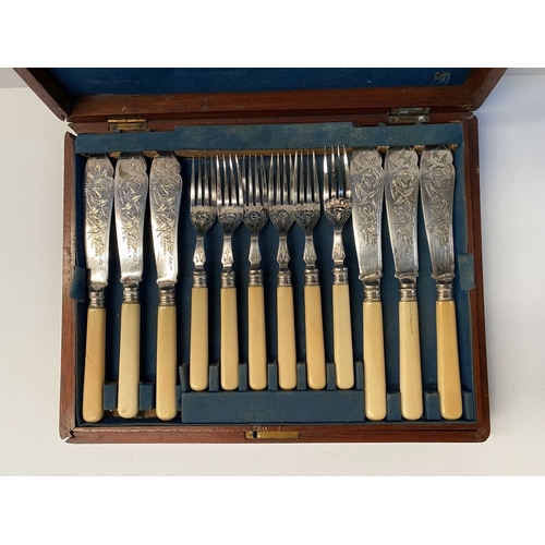 247 - A VINTAGE HARDWOOD CASED CUTLERY SET, interior with removable compartment, top compartment has six f... 