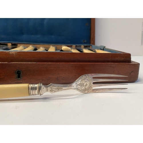 247 - A VINTAGE HARDWOOD CASED CUTLERY SET, interior with removable compartment, top compartment has six f... 