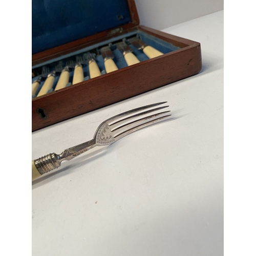 247 - A VINTAGE HARDWOOD CASED CUTLERY SET, interior with removable compartment, top compartment has six f... 