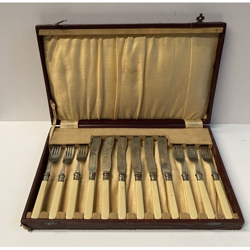 248 - TWO VINTAGE CASED SILVER PLATED CUTLERY SETS, (i) six fish knives and forks, all with nice engraved ... 