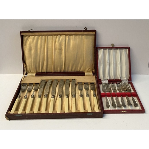 248 - TWO VINTAGE CASED SILVER PLATED CUTLERY SETS, (i) six fish knives and forks, all with nice engraved ... 