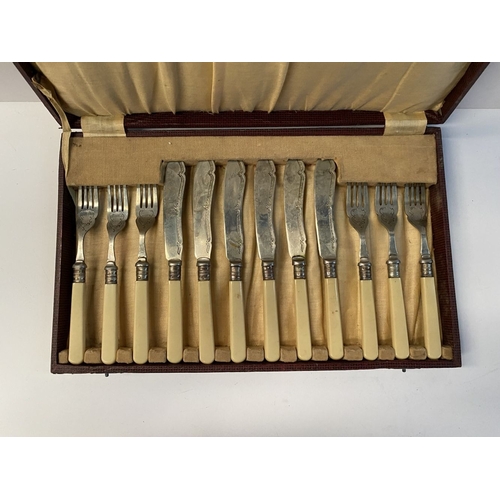 248 - TWO VINTAGE CASED SILVER PLATED CUTLERY SETS, (i) six fish knives and forks, all with nice engraved ... 