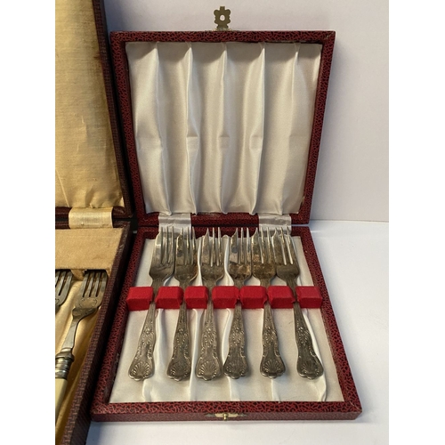 248 - TWO VINTAGE CASED SILVER PLATED CUTLERY SETS, (i) six fish knives and forks, all with nice engraved ... 