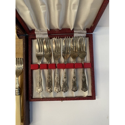 248 - TWO VINTAGE CASED SILVER PLATED CUTLERY SETS, (i) six fish knives and forks, all with nice engraved ... 