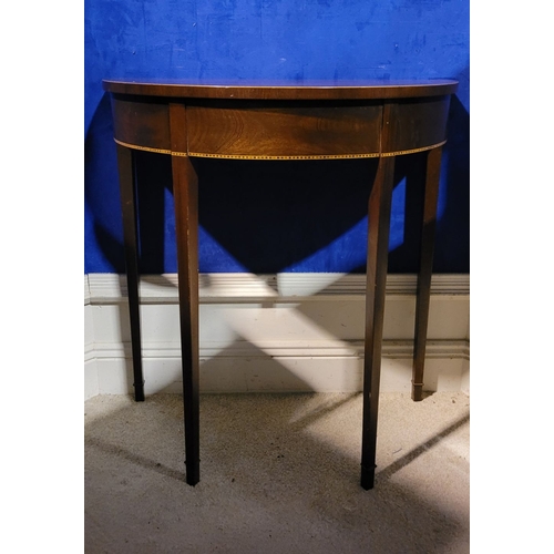 25 - A VERY FINE NEATLY SIZED 19TH CENTURY MAHOGANY & SATINWOOD INLAID DEMI-LUNE TABLE, very well constru... 