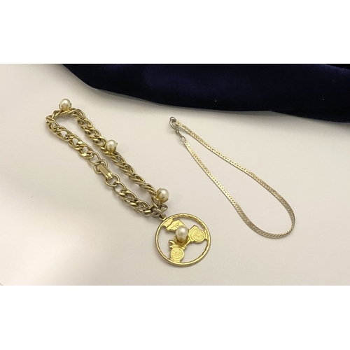 256 - AN ITALIAN STERLING SILVER BRACELET ALONG WITH GILT PENDANT BRACELET, the silver bracelet Hallmarked... 