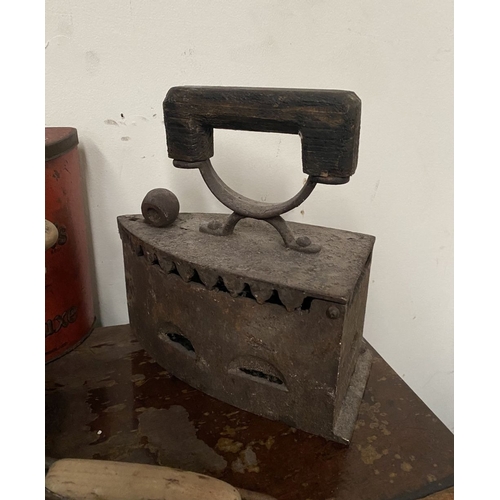 261 - A MIXED LOT TO INCLUDE (i) an antique box/coal iron, with hardwood handle, (ii) a vintage Mackintosh... 