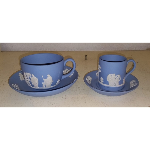 273 - A VINTAGE WEDGWOOD JASPERWARE TEACUP & SAUCER, together with Wedgwood coffee cup and saucer.