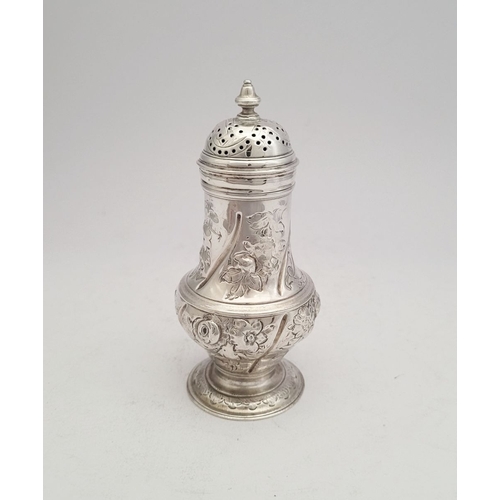 34 - A VERY FINE 18TH CENTURY SILVER SUGAR SIFTER, decorated with floral & foliage repoussé detail restin... 