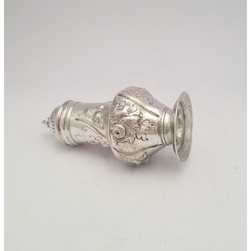 34 - A VERY FINE 18TH CENTURY SILVER SUGAR SIFTER, decorated with floral & foliage repoussé detail restin... 