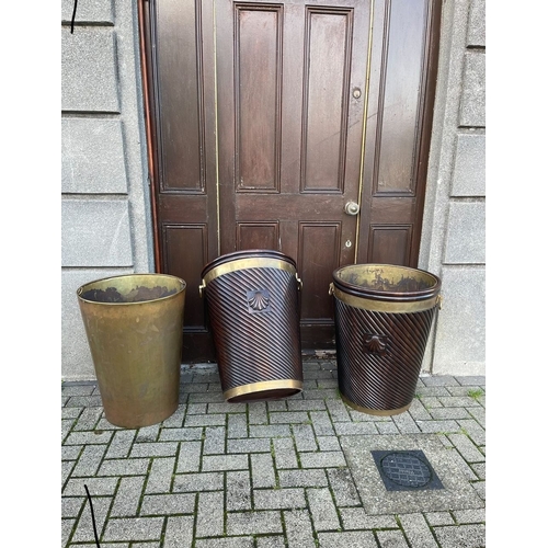 41 - A PAIR OF IRISH MAHOGANY BRASS BOUND PEAT BUCKETS, both of traditional form with carved fluted borde... 