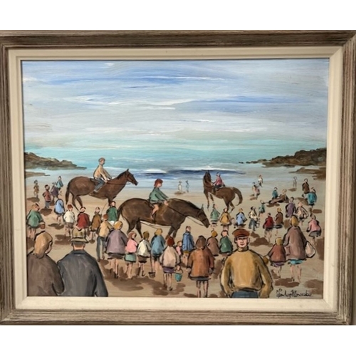 42 - GLADYS MACCABE, MBE HRUA FRSA MA ROI (Irish, 1918-2018), ‘RACE’S ON THE BEACH’, oil on board, signed... 