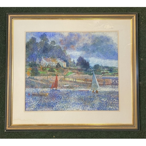 44 - VICTOR RICHARDSON (IRISH, 20th Century), ‘SAILING BOATS, CURRABINNY’, pastel on paper, inscribed ver... 