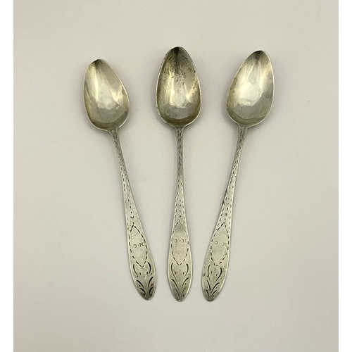 45 - THREE GEORGE III PROVINCIAL BRIGHT-CUT TEASPOONS, by James Heyward, Cork, (Heyland, Sterling), circa... 