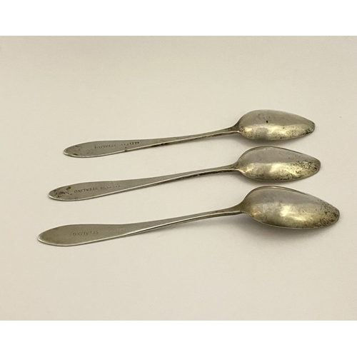 45 - THREE GEORGE III PROVINCIAL BRIGHT-CUT TEASPOONS, by James Heyward, Cork, (Heyland, Sterling), circa... 