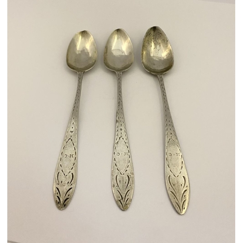 45 - THREE GEORGE III PROVINCIAL BRIGHT-CUT TEASPOONS, by James Heyward, Cork, (Heyland, Sterling), circa... 