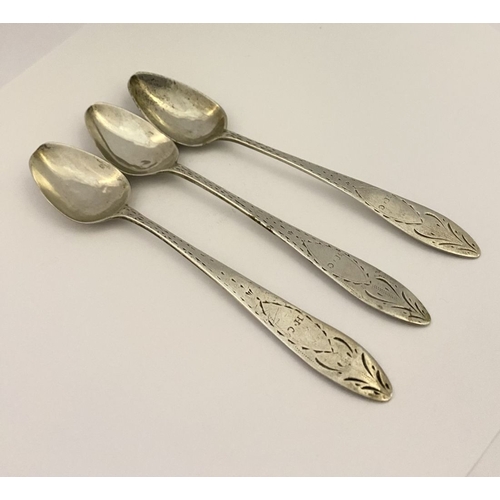 45 - THREE GEORGE III PROVINCIAL BRIGHT-CUT TEASPOONS, by James Heyward, Cork, (Heyland, Sterling), circa... 