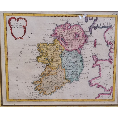 46 - TWO FRAMED MAPS OF IRELAND: (i) Carte du Royaume D’Irande, hand coloured framed map of Ireland, divi... 