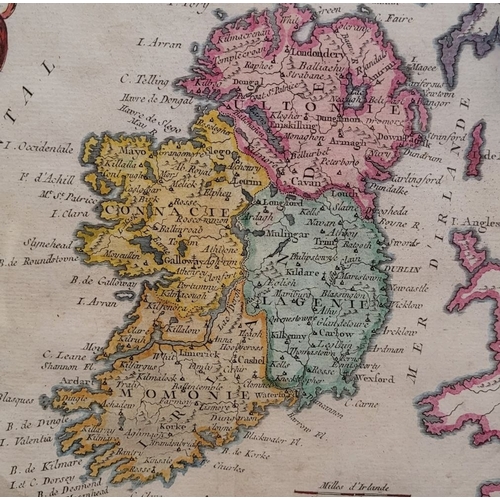 46 - TWO FRAMED MAPS OF IRELAND: (i) Carte du Royaume D’Irande, hand coloured framed map of Ireland, divi... 