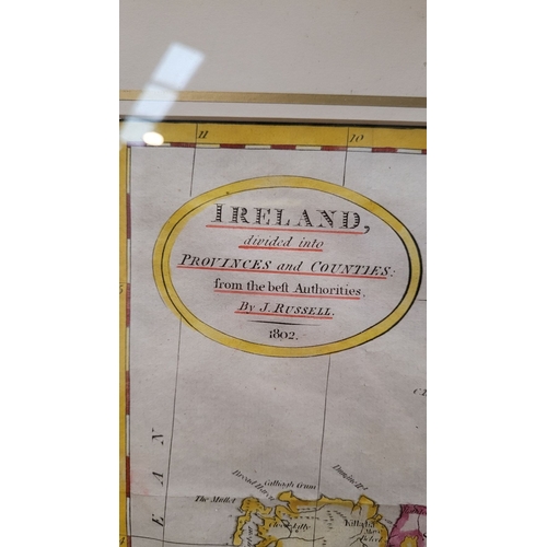 53 - A FRAMED MAP OF IRELAND: J.RUSSEL 1802, Showing the Island of Ireland, divided into provinces & coun... 