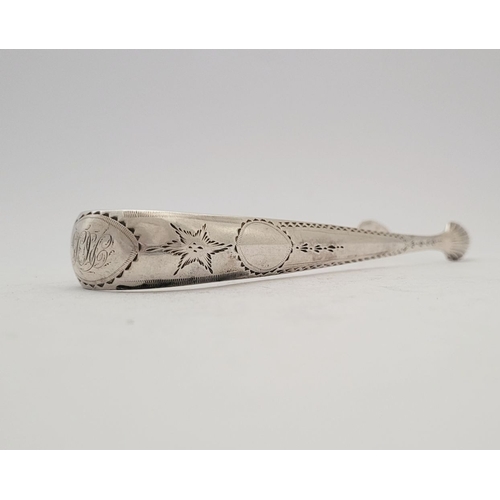 62 - A GEORGE III BRIGHT CUT DECORATED IRISH SILVER SUGAR TONGS, circa 1795, with maker’s mark of J. Powe... 