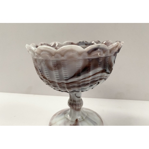 69 - A BEAUTIFUL VICTORIAN MALACHITE/SLAG GLASS PEDESTAL BOWL, the bowl with scalloped border and designs... 