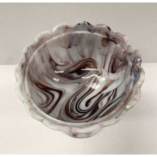 69 - A BEAUTIFUL VICTORIAN MALACHITE/SLAG GLASS PEDESTAL BOWL, the bowl with scalloped border and designs... 