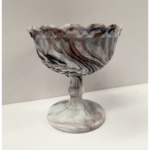 69 - A BEAUTIFUL VICTORIAN MALACHITE/SLAG GLASS PEDESTAL BOWL, the bowl with scalloped border and designs... 