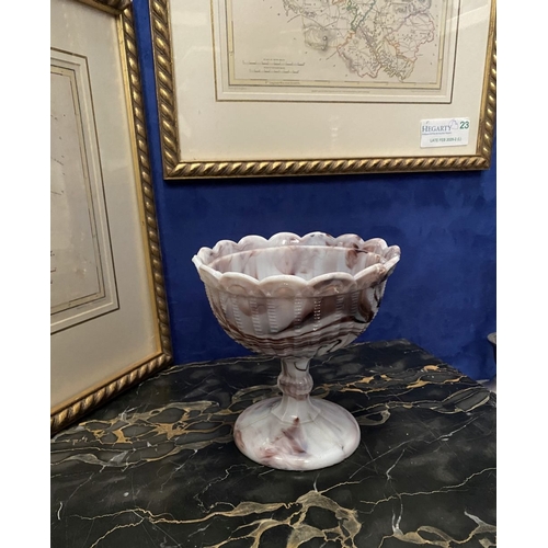 69 - A BEAUTIFUL VICTORIAN MALACHITE/SLAG GLASS PEDESTAL BOWL, the bowl with scalloped border and designs... 