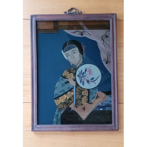 74 - GIRL WITH A FAN, CHINESE, 20TH CENTURY, fixed under glass – reverse glass painting unsigned. Beautif... 