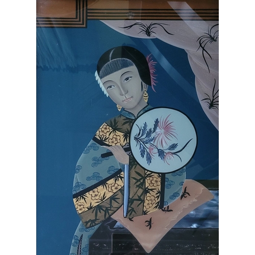 74 - GIRL WITH A FAN, CHINESE, 20TH CENTURY, fixed under glass – reverse glass painting unsigned. Beautif... 