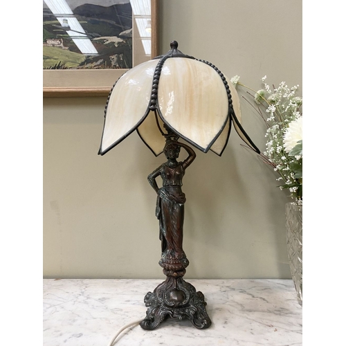 85 - A BEAUTIFUL VINTAGE L&LWMC STAINED GLASS LAMP, mid-century, the shade in the form of a tulip/lotus, ... 