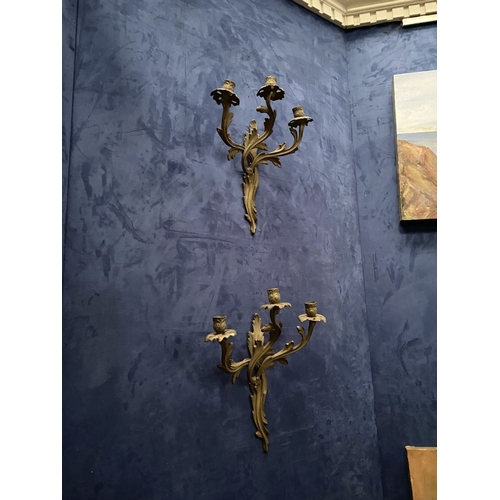 87 - A PAIR OF ANTIQUE DECORATIVE BRASS THREE BRANCH WALL SCONCES, scrolling foliate form, nicely details... 