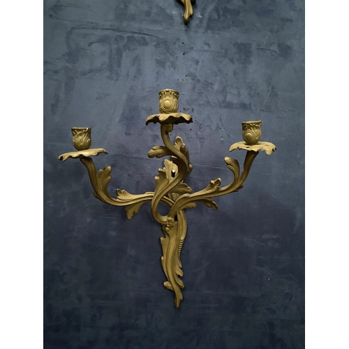 87 - A PAIR OF ANTIQUE DECORATIVE BRASS THREE BRANCH WALL SCONCES, scrolling foliate form, nicely details... 