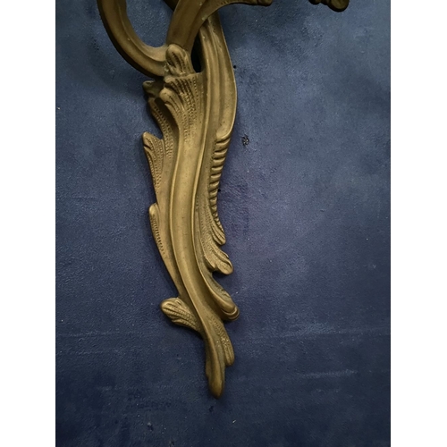 87 - A PAIR OF ANTIQUE DECORATIVE BRASS THREE BRANCH WALL SCONCES, scrolling foliate form, nicely details... 