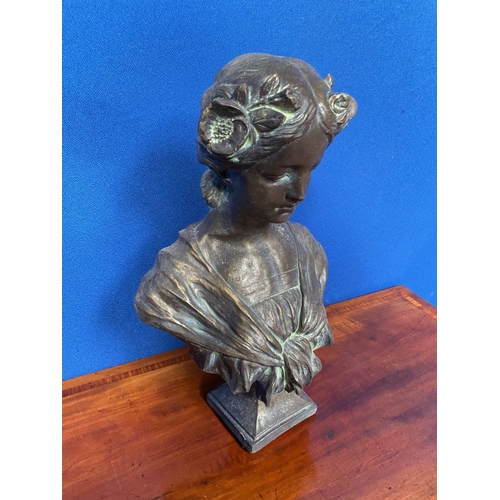 244 - A LOVELY TERRACOTTA BUST OF A LADY, with a bronze coloured finish. Lovely floral detail to her hair.... 