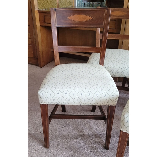 102 - A FINE SET OF SIX EDWARDIAN MAHOGANY & SATINWOOD INLAID DINING ROOM CHAIRS, each with an inlaid cres... 