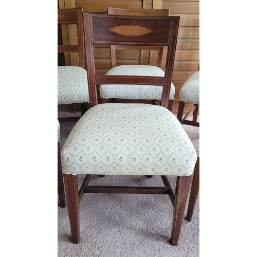 102 - A FINE SET OF SIX EDWARDIAN MAHOGANY & SATINWOOD INLAID DINING ROOM CHAIRS, each with an inlaid cres... 