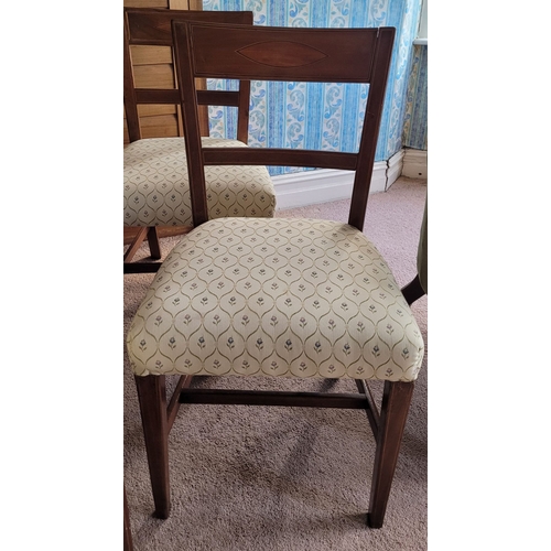 102 - A FINE SET OF SIX EDWARDIAN MAHOGANY & SATINWOOD INLAID DINING ROOM CHAIRS, each with an inlaid cres... 