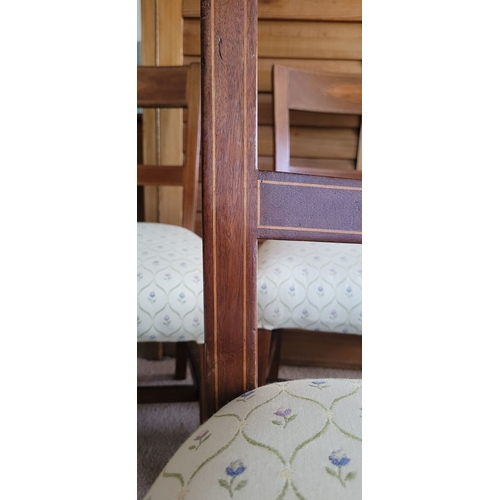 102 - A FINE SET OF SIX EDWARDIAN MAHOGANY & SATINWOOD INLAID DINING ROOM CHAIRS, each with an inlaid cres... 