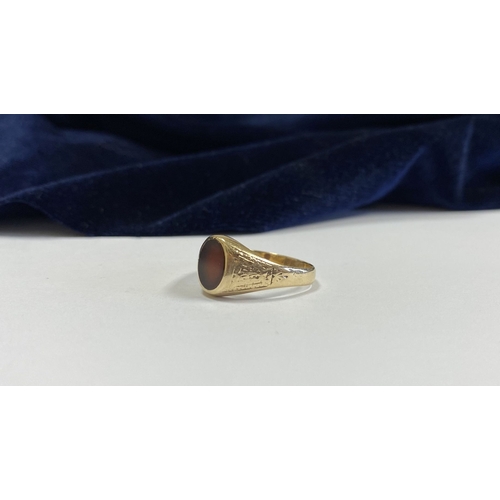 105 - A BEAUTIFUL IRISH 9CT GOLD CARNELIAN SIGNET RING, c.1961, oval carnelian, the tapered shoulders with... 