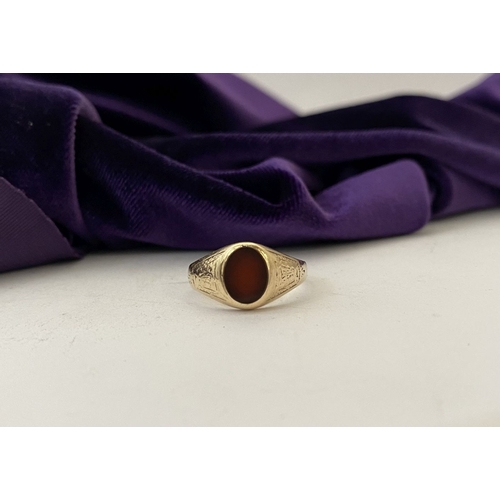 105 - A BEAUTIFUL IRISH 9CT GOLD CARNELIAN SIGNET RING, c.1961, oval carnelian, the tapered shoulders with... 